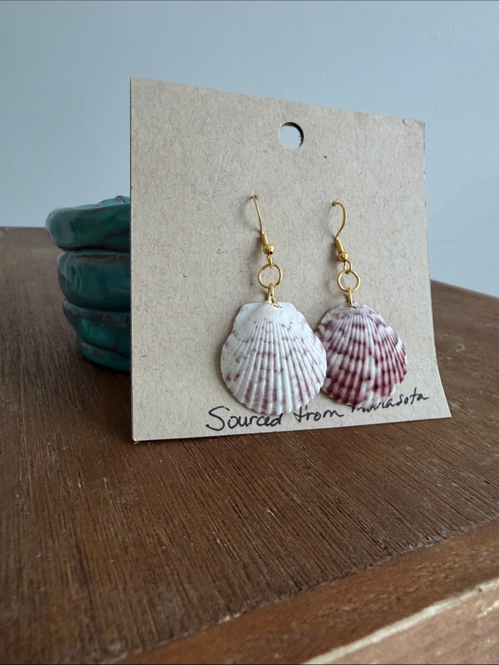 Bohemian Pink Calico Scallop Selene Seashell Drop Earrings ~ Handmade - Picture 2 of 3